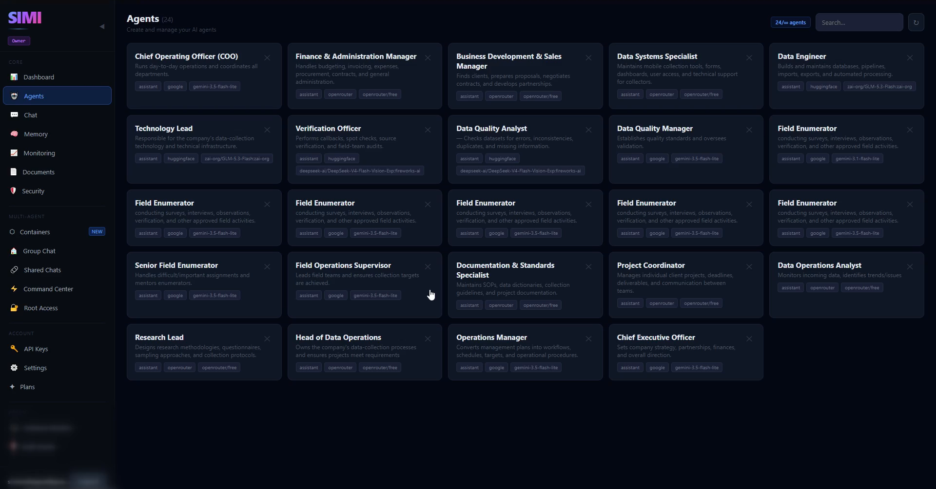 The Veridata Agents list showing all 24 AI employees created in SIMI