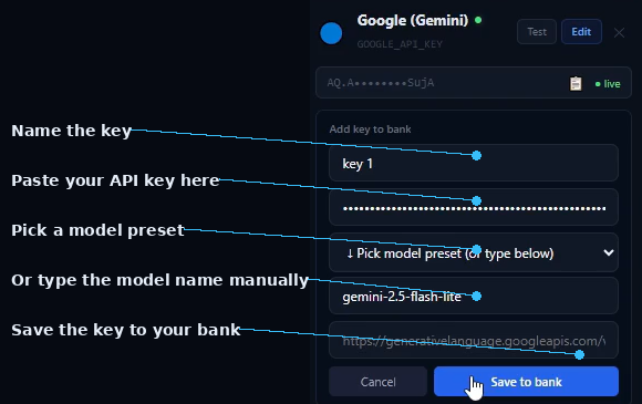 SIMI Add key to bank form with label, key, model preset, and Save to bank labeled