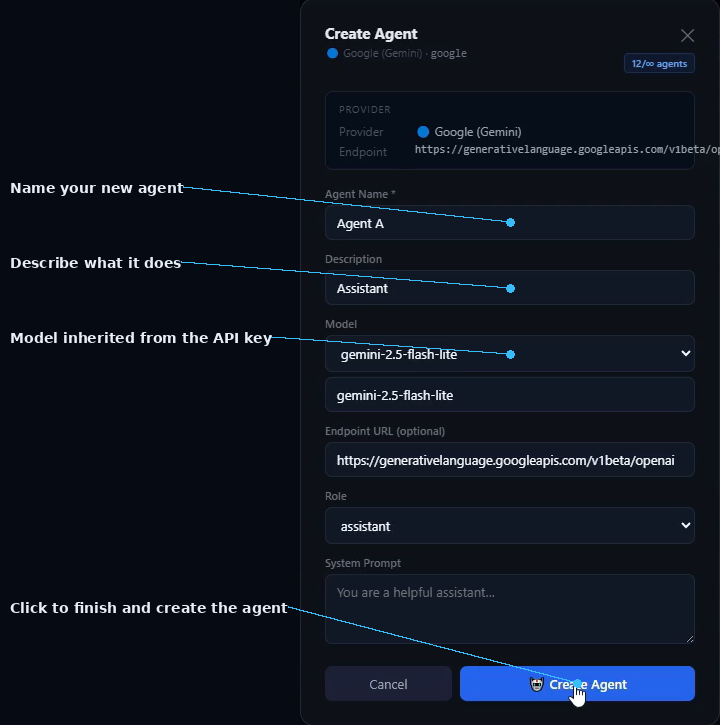 SIMI Create Agent modal with agent name, description, model, and Create Agent button labeled