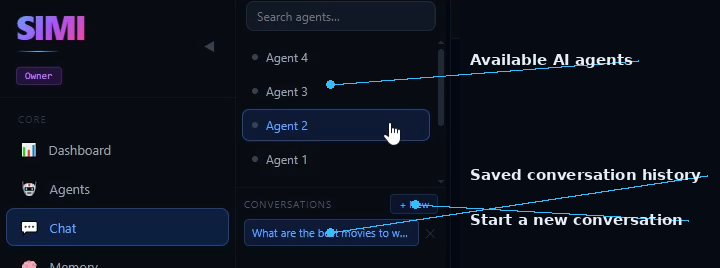 SIMI Chats sidebar showing agent list, conversation history, and New Conversation button