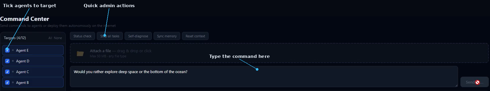 SIMI Command Center agent selector, toolbar, and command box labeled