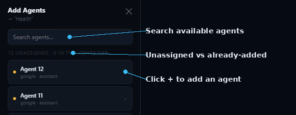 SIMI Add Agents panel with search, unassigned count, and add button labeled
