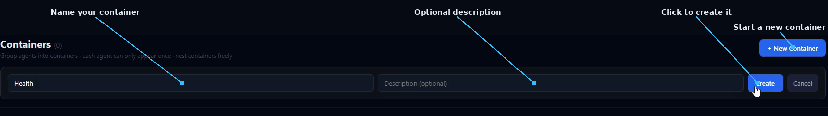 SIMI new container name field, description field, and Create button labeled