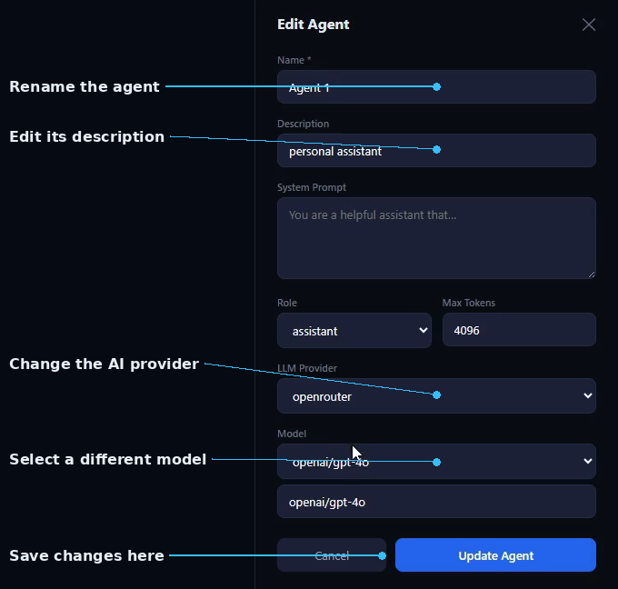 SIMI Edit Agent panel with each editable field labeled