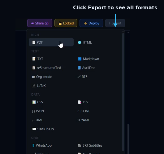 SIMI Export panel with all supported formats and the Export button labeled
