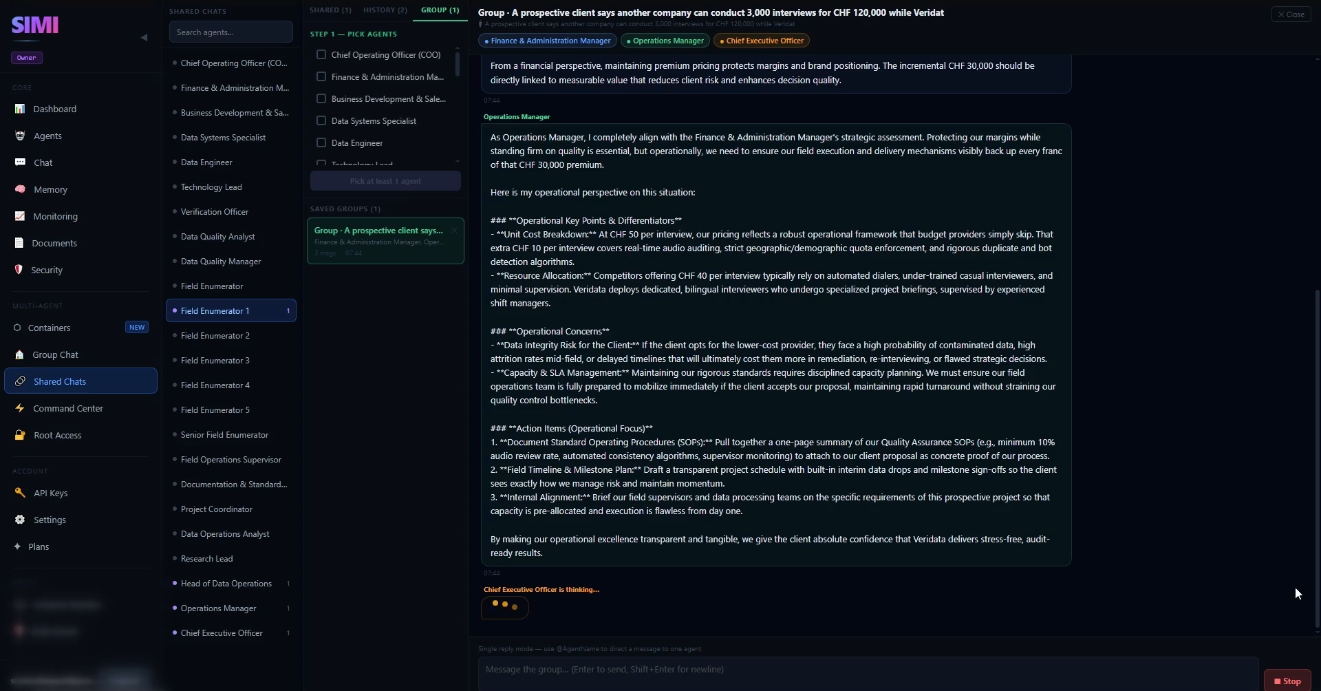 Senior AI employees reviewing and commenting on a junior employee's shared conversation