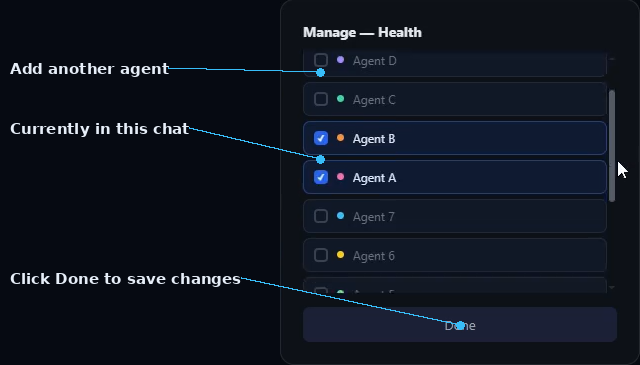 SIMI Manage agents popup with checkboxes and Done button labeled