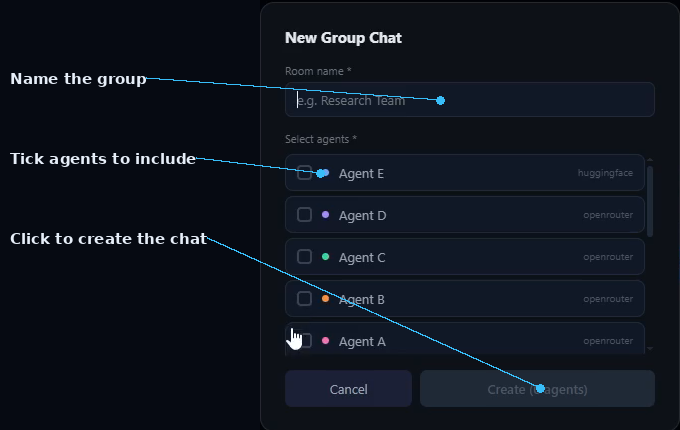 SIMI New Group Chat modal with room name, agent selection, and Create button labeled