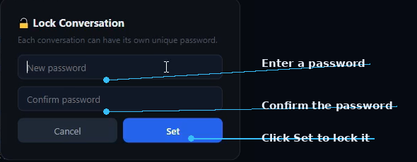 SIMI Lock Conversation modal with password fields labeled