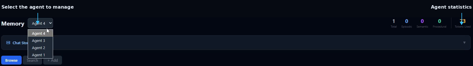 SIMI Memory agent selector and agent statistics labeled