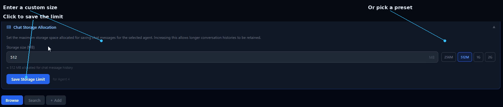 SIMI Chat Storage Allocation panel with custom size, presets, and Save button labeled