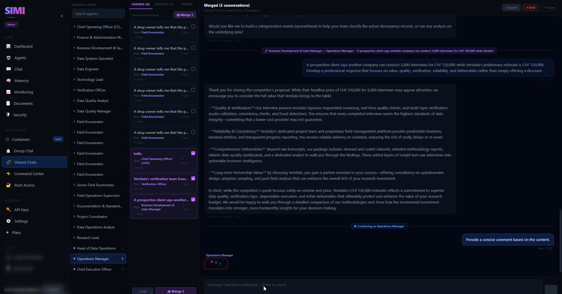 Three shared conversations merged and continued by the Operations Manager AI employee
