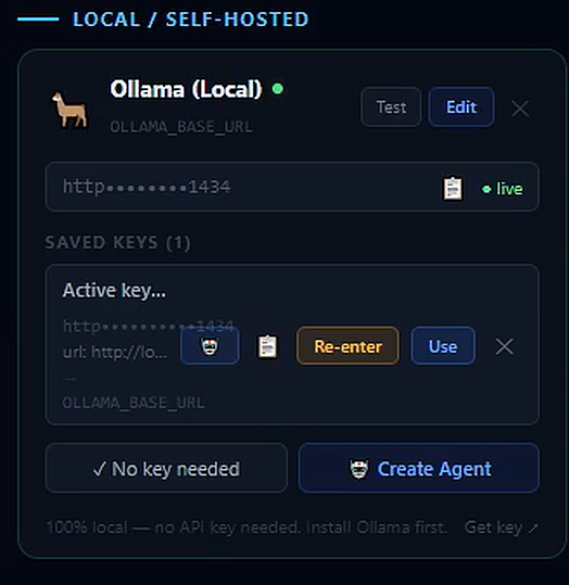 SIMI API Keys page showing the Ollama (Local) connection under Local / Self-Hosted, with a saved key and Create Agent button