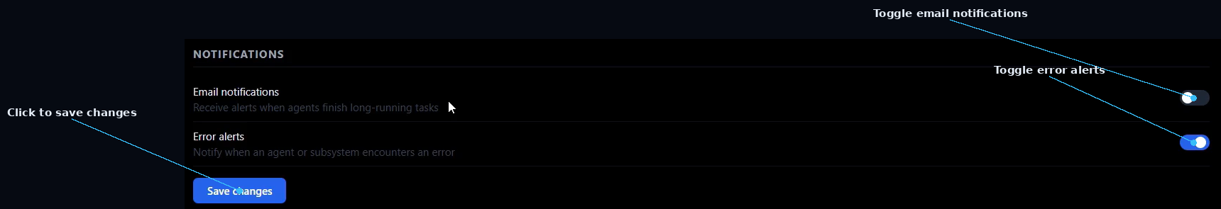 SIMI Notifications settings with email and error alert toggles labeled