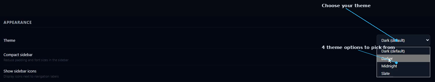 SIMI Appearance theme dropdown with four theme options labeled