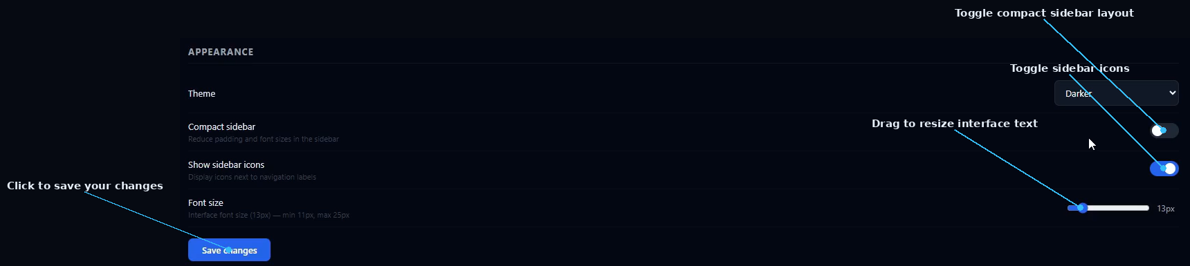 SIMI Appearance toggles for compact sidebar, sidebar icons, font size, and Save changes labeled