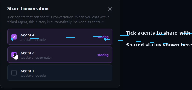 SIMI Share Conversation modal with agent checkboxes labeled