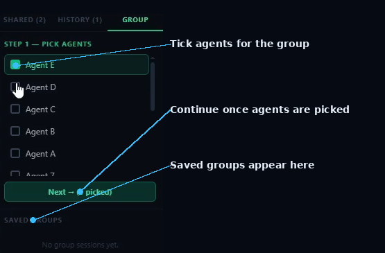 SIMI Group tab with agent picker, Next button, and saved groups labeled