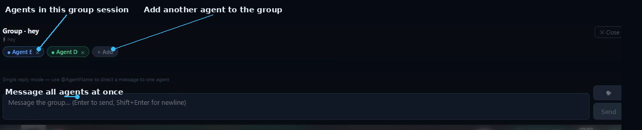 SIMI group conversation with agent tabs, Add button, and message box labeled