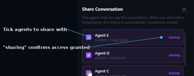 SIMI Share Conversation modal with agent checkboxes labeled